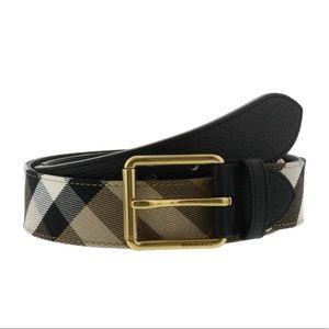 Black Burberry Belt Gold Buckle, Detailed with Engraved Logo Lettering on Buckle